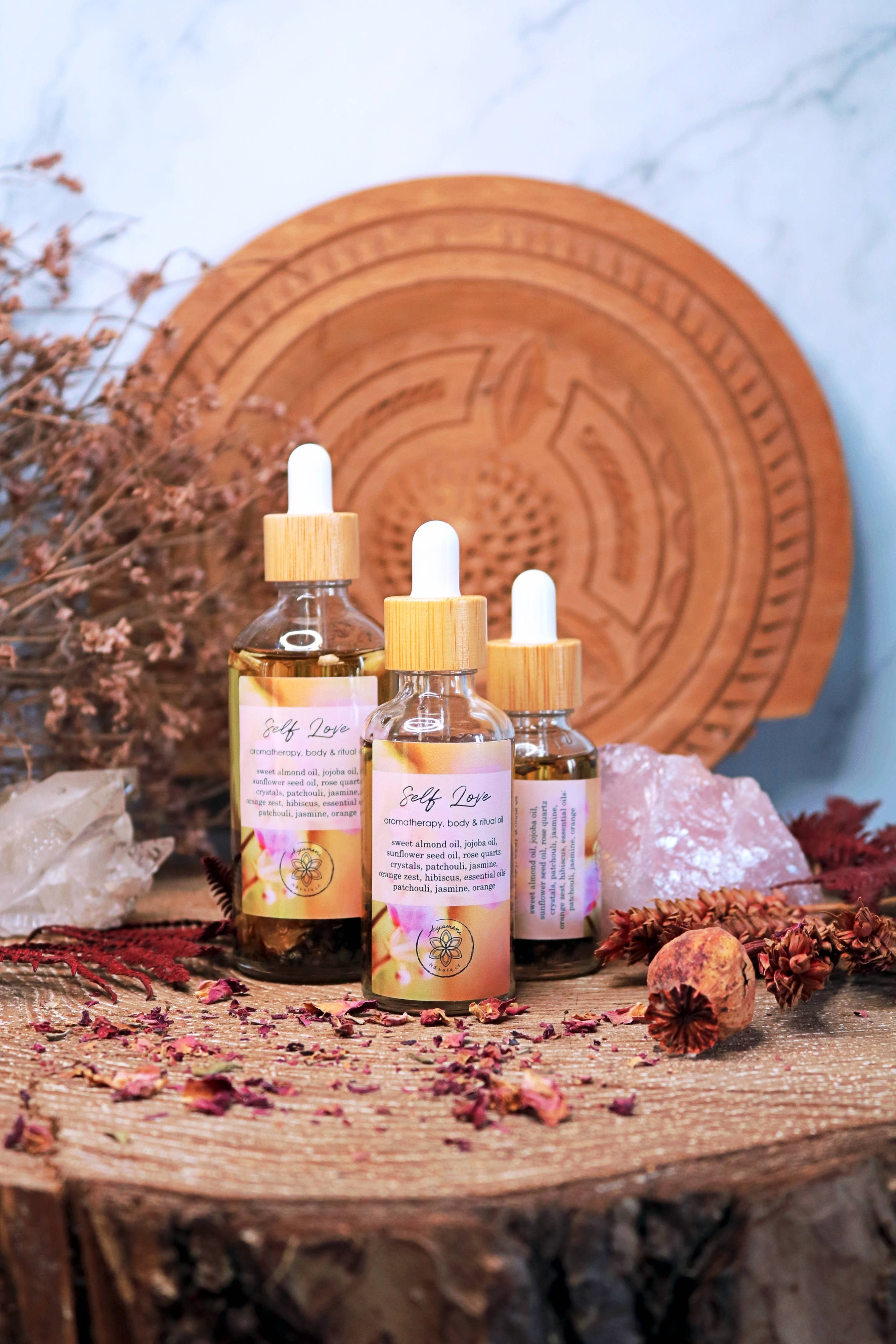 Ayamani Naturals - Vente Huile pour le bain/corps - Huile Rituel d'Amour de Soi avec Quartz Rose et Huiles Essentielles