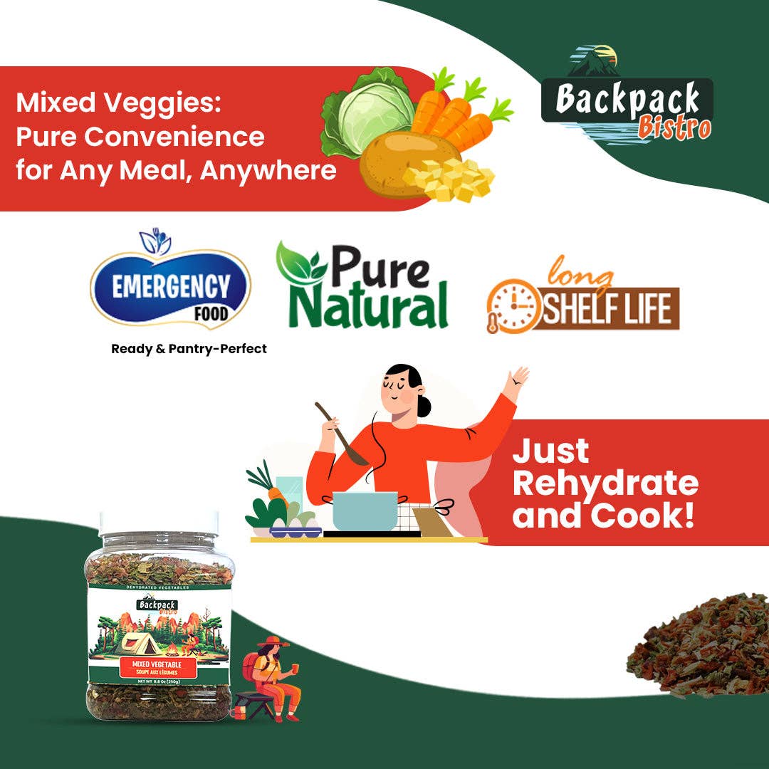 PRIDE INDIA BRANDS - Wholesale Dried/dehydrated vegetables - Backpack Bistro Dehydrated Mixed Vegetables 8.8 oz2