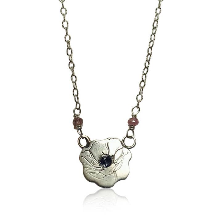 NBS - "Poppy Passion" Sterling Silver Etched Poppy with Ruby and Tourmaline. 16" for wholesale by alison blair studio