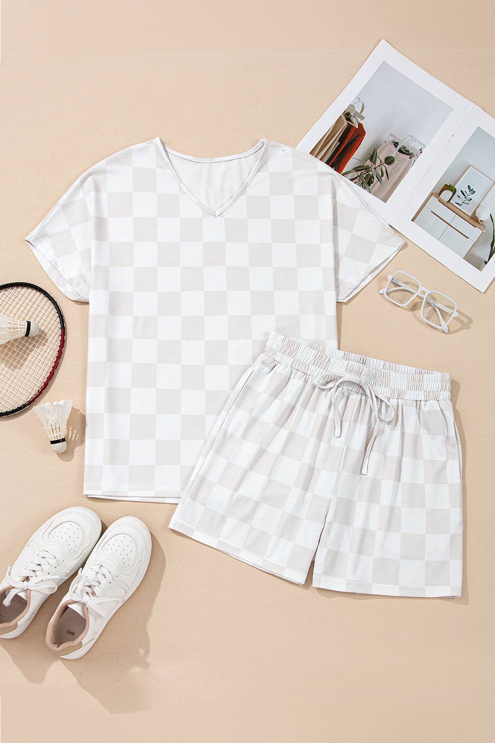 LA Society - Wholesale Lounge Set - Women's - Checkered V Neck Tee and Drawstring Shorts Lounge Set4