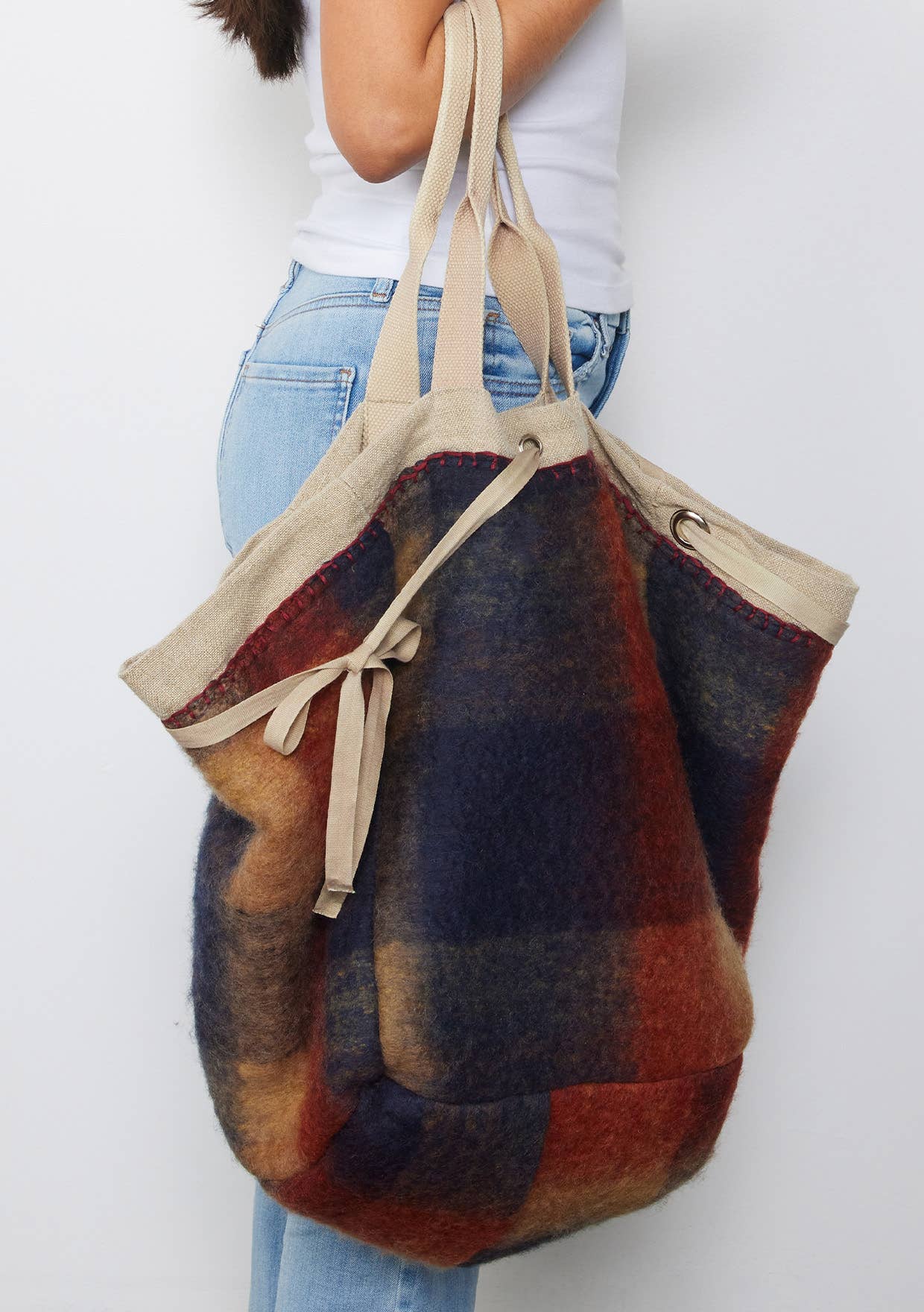 Large Reversible Canvas Tote Bag with Navy Plaid Interior for wholesale on Faire5