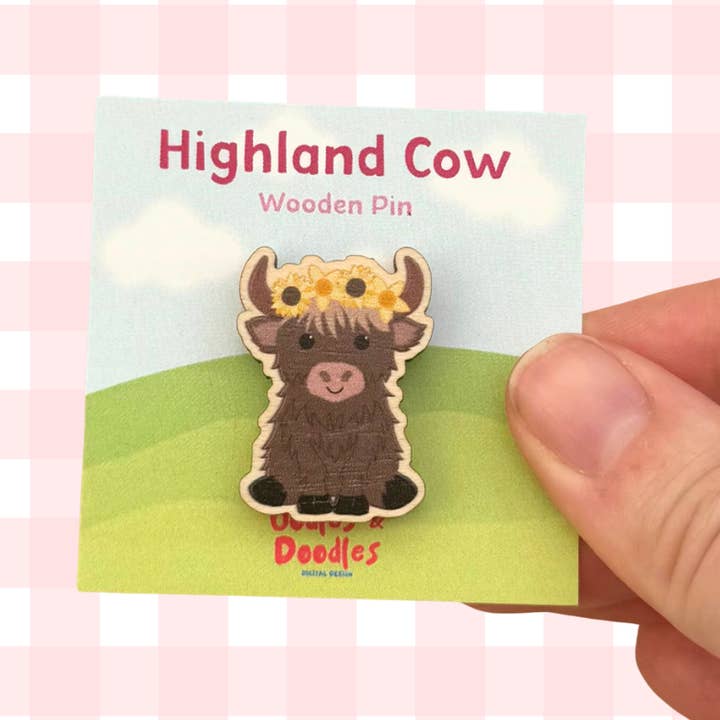 Flower Crown Highland Cow Wooden Pin Badge for wholesale by Oodles & Doodles