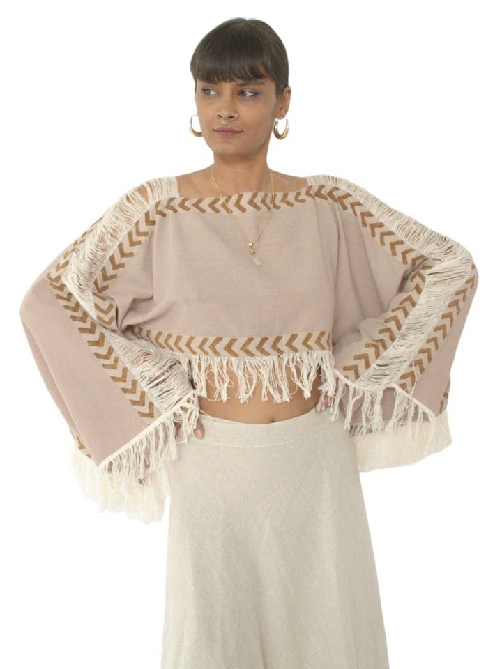 Sacred Ceremony - Wholesale Blouse - Women's - Dusty Rose Long Sleeve Crop Top with Fringe1