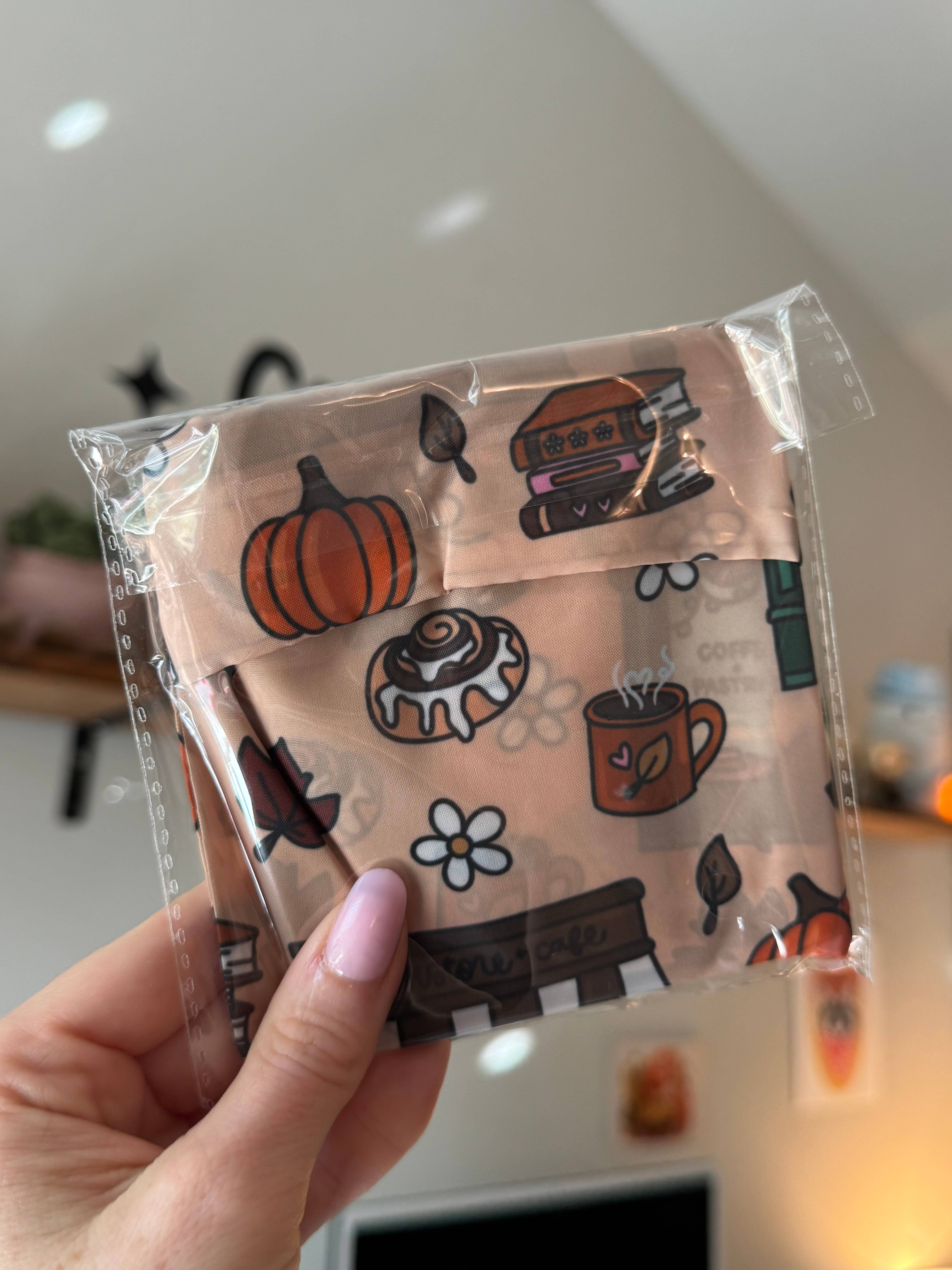 CrescentCatCo - Wholesale Book Cover - Cozy Autumn Bookish Reusable Shopping Bag, Fold Up Pouch 1