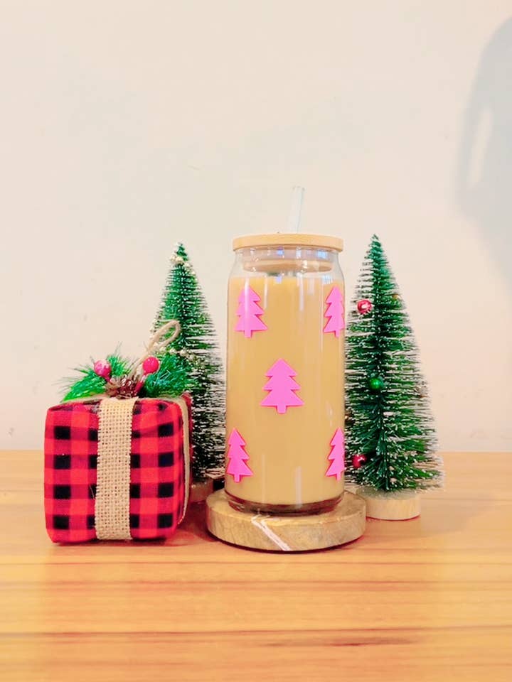 16 oz Christmas tree can glass pink ,holiday can glass for wholesale by Pink pretty designs