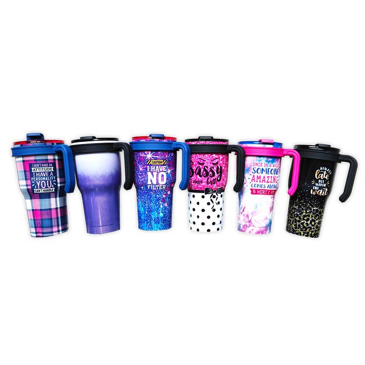 Novelty Closeout - Wholesale Insulated Mug/Tumbler - 30 oz Insulated Cup with Handle Printed Bulk Assortment