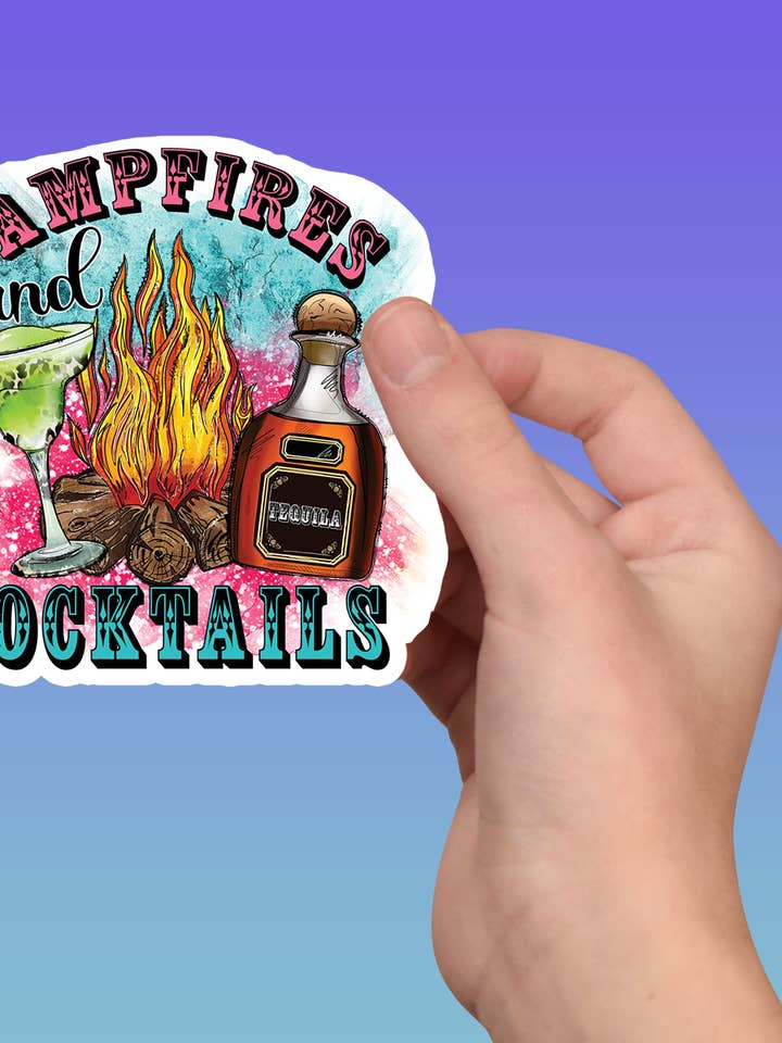 Stickers, Camping, Campfires & Cocktails for wholesale by Sassy Talkin