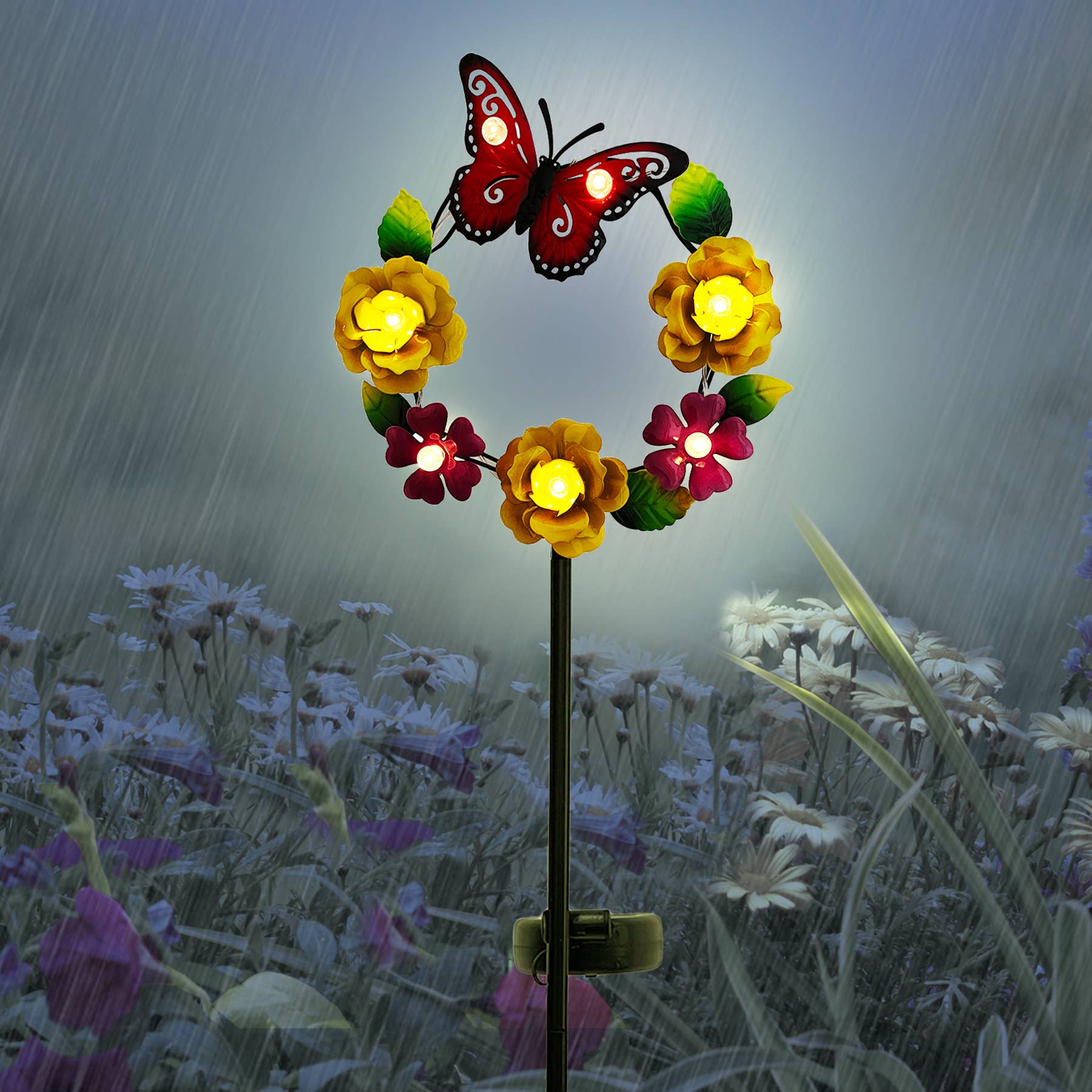Forever Gifts Inc. - Vendita all'ingrosso Paletti da giardino/prato - Palo da giardino solare con ghirlanda di fiori e farfalle6