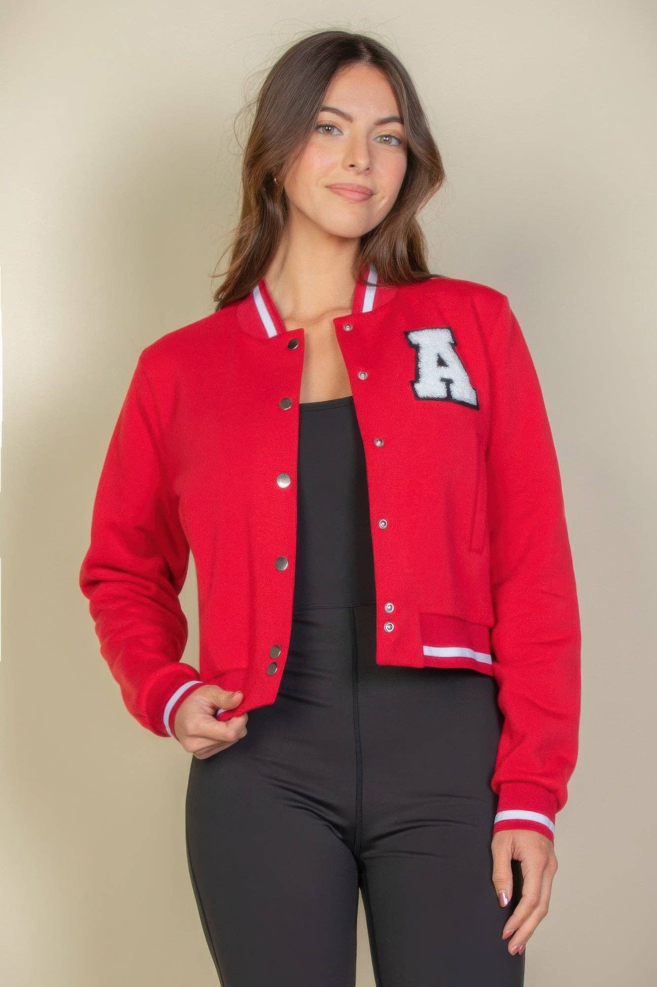 CC Wholesale Clothing - Wholesale Varsity/Baseball Jacket - Women's - Ezwear Letter Patched Crop Varsity Jacket7
