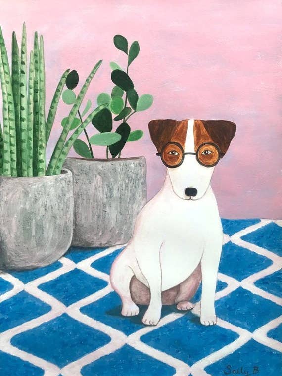 Art print Jack Russell Terrier dog with plants for wall deco for wholesale by Sally B