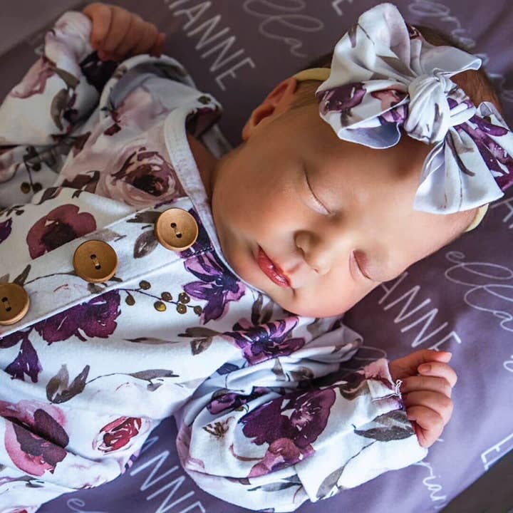 Demi's Dusty Purple Floral Newborn Baby Knot Gown & Hat Set for wholesale by Caden Lane