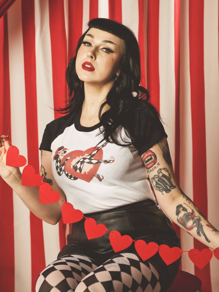 Cheeky Little Joker Short Raglan Cropped Baby tee in Wh/BK for wholesale by Mischief Made