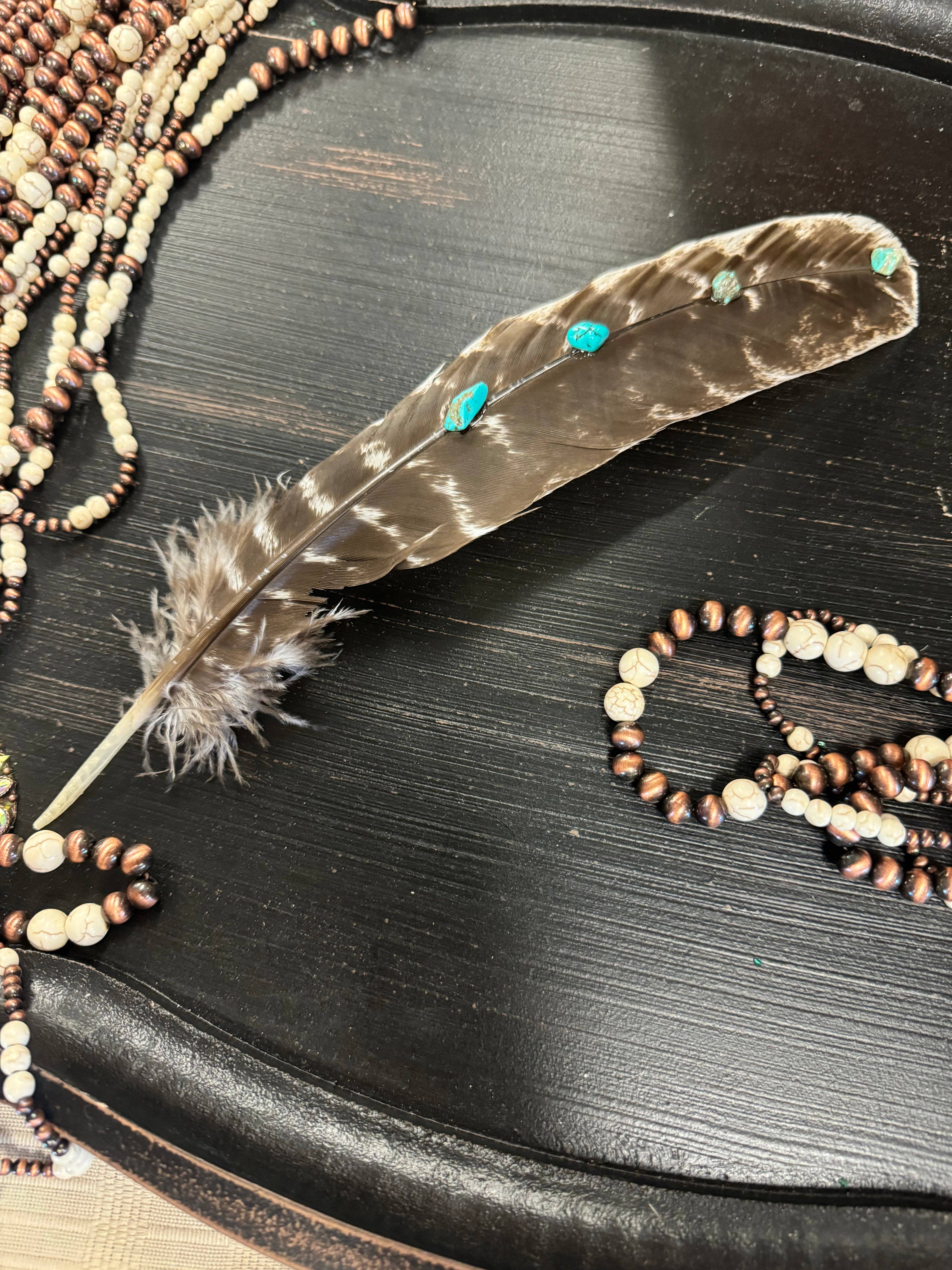 Wildflowers and Barley - Wholesale Feathers - Hand-Studded Natural Barred Turkey Feather with Turquoise Howlite3