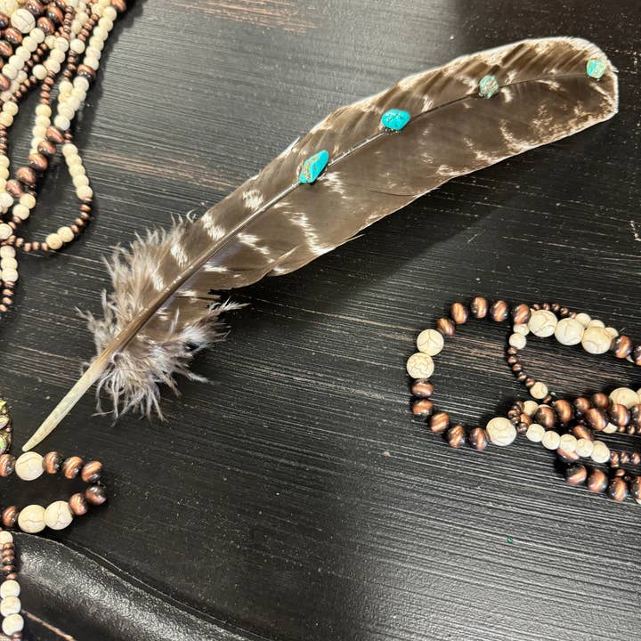 Wildflowers and Barley - Wholesale Feathers - Hand-Studded Natural Barred Turkey Feather with Turquoise Howlite3