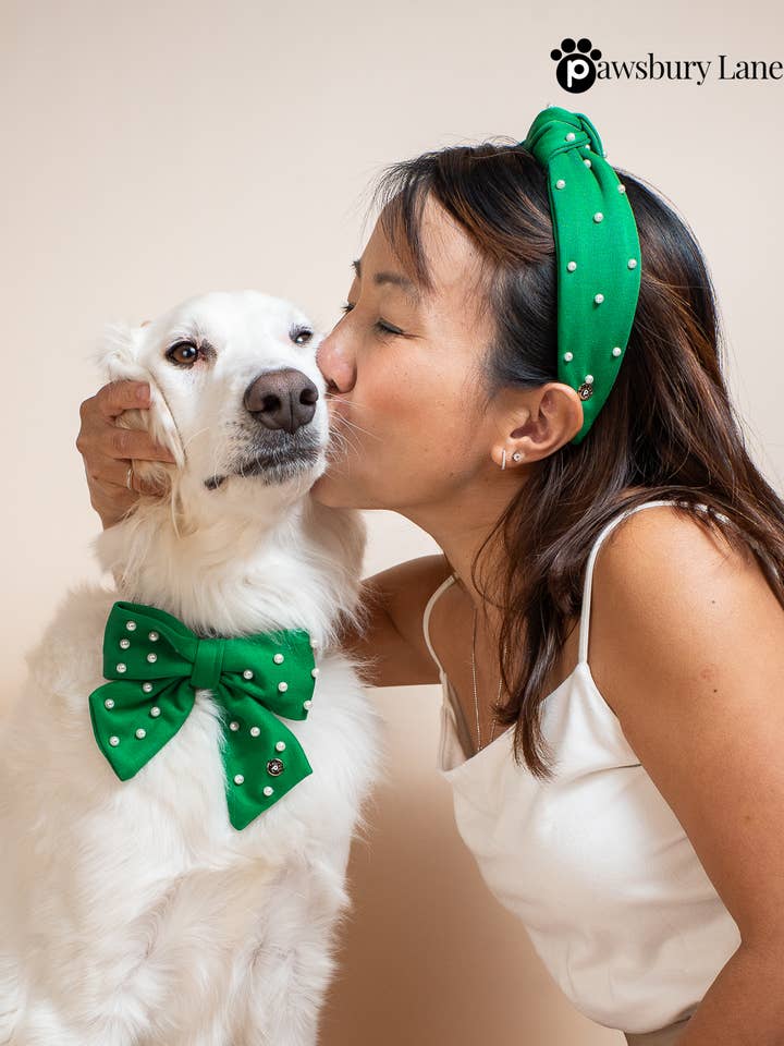 Bandeau assorti pour propriétaire et nœud papillon pour animal - Sucre & Perles - Vert pour la vente par Pawsbury Lane