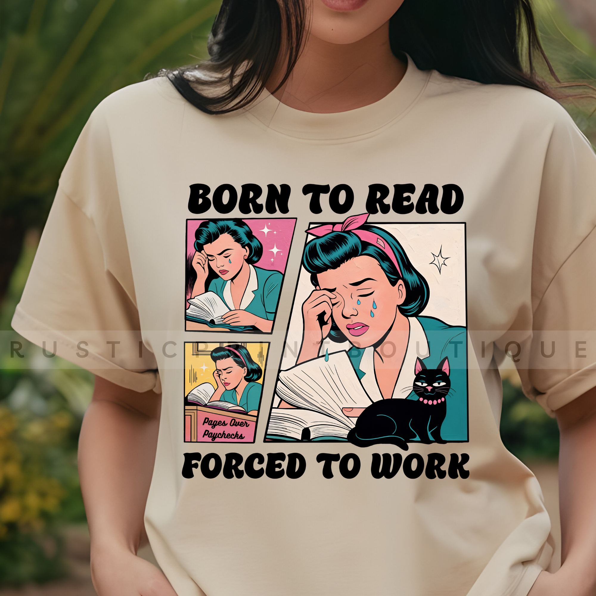 RusticPrintStudio - Venta al por mayor Camiseta serigrafiada - Mujer - Camiseta de Lectura Nacido para Leer Obligado a Trabajar Camiseta Retro1
