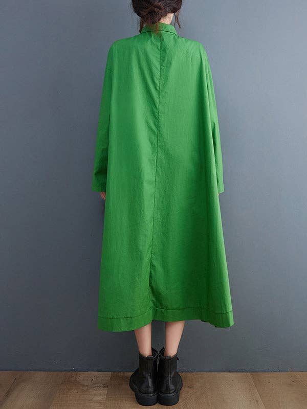 StyleGalX - Vente Robe – femme - Robe midi à manches longues, coupe évasée, col à revers, asymétrique avec pois ajourés unis5