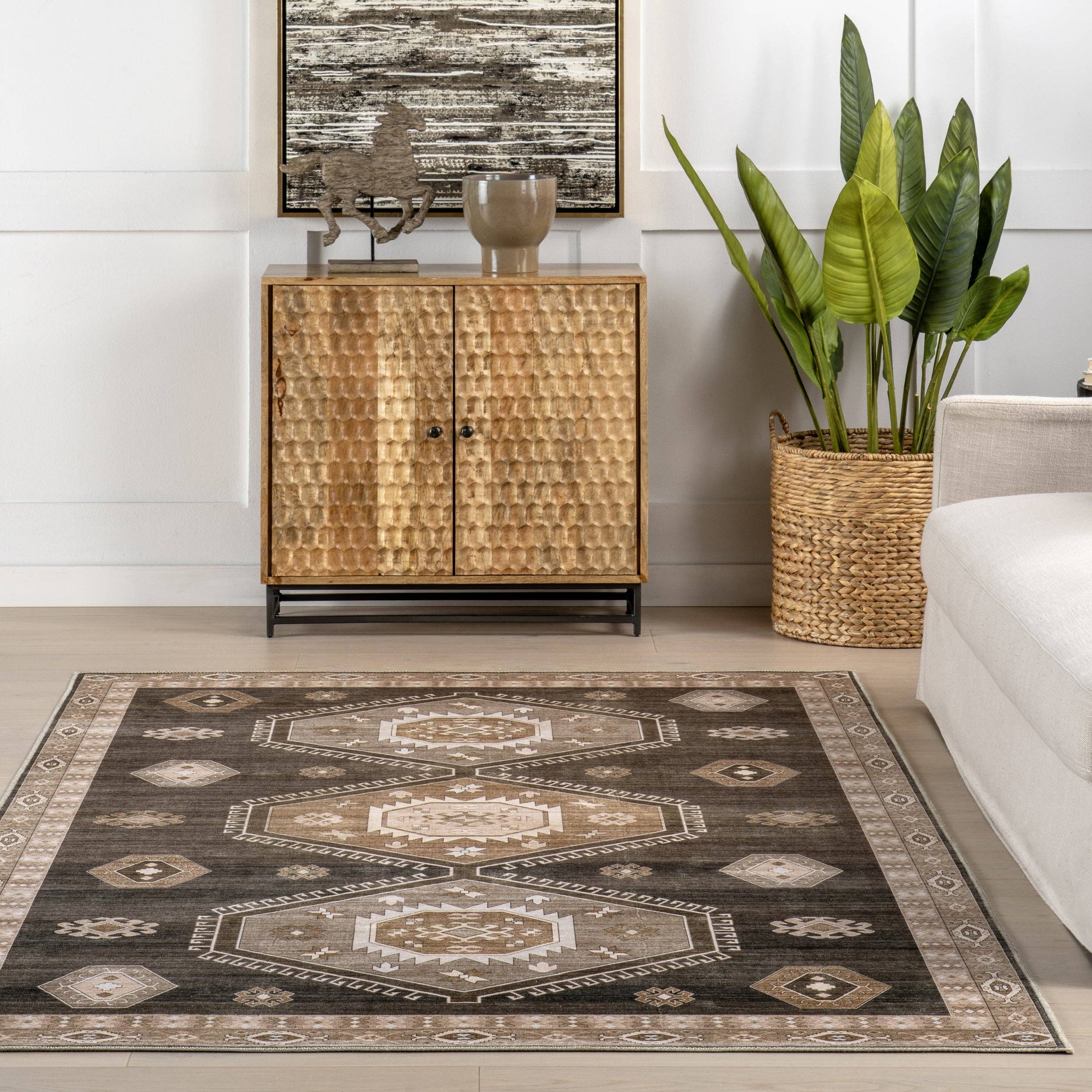 Dark Brown Anette SplashGuard Vintage Medallion Machine Washable Area Rug for wholesale on Faire7