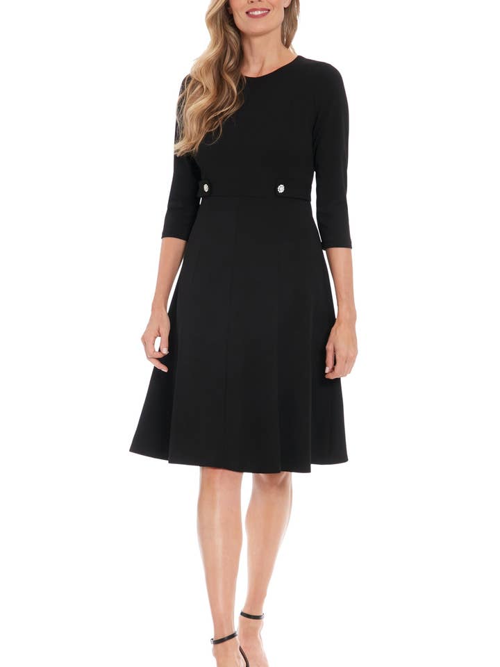 London Times Jewel Neckline Quarter Sleeves Zipper Closure Buttoned Mock Belt Fit-and-Flare Flowing Skirt Dress for wholesale by Immediate Apparel