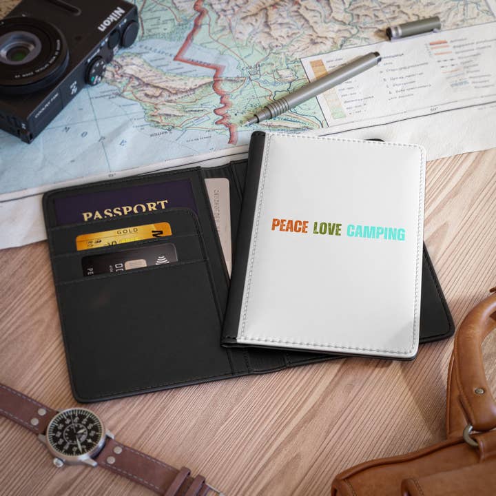Passport Cover – Peace Love Camping – RFID Blocking Travel Wallet for wholesale by Restored By Nature Company