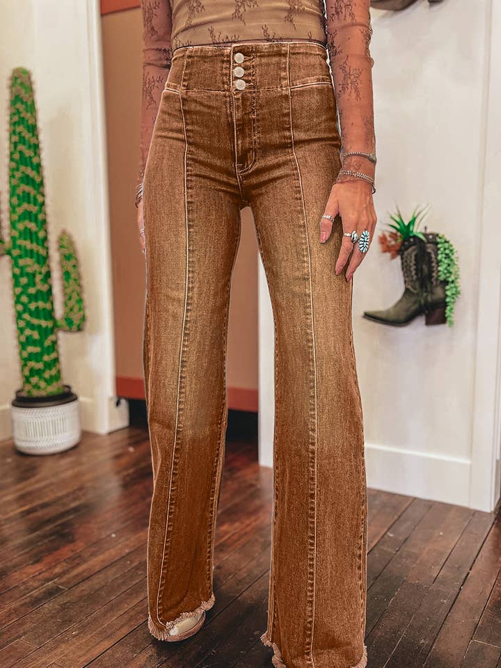 Lovesoft - Wholesale Jeans - Women's - Sail Blue High Waist Button Fly Seamed Raw Hem Flare Jeans8