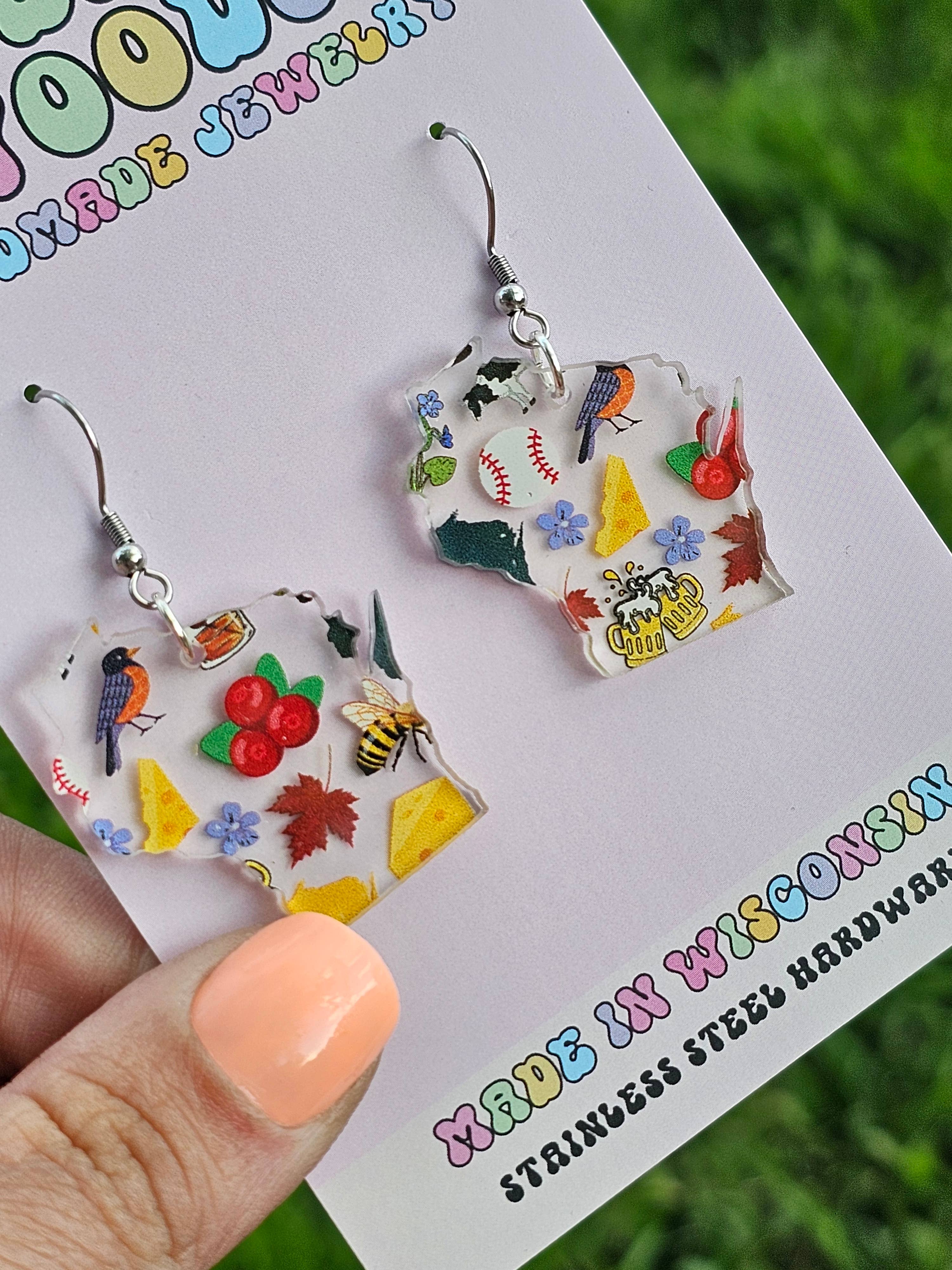 Jedi Woods LLC - Wholesale Dangle Earrings - Wisconsin Shaped Themed Icon Earrings3