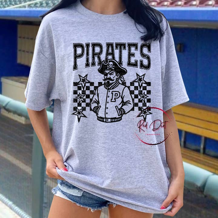 Pirates Letterman Stars T-Shirt | Trendy School Spirit Shirt | Fast Shipping | Super Soft Shirts for Men/Women/Kid's for wholesale by Red Dirt Transfers