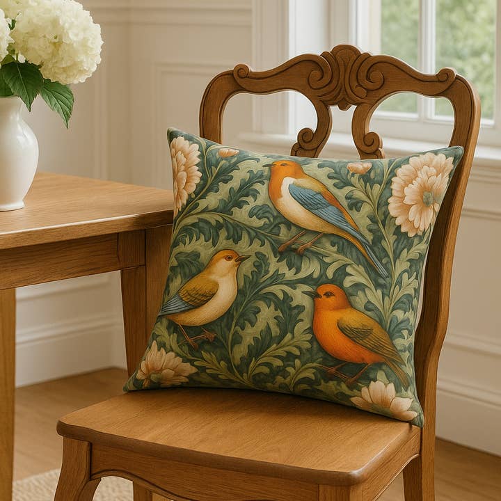 Upside Down Owl Farm - Wholesale Throw/Decorative Pillow - William Morris Inspired Birds, Floral Decorative Pillow1