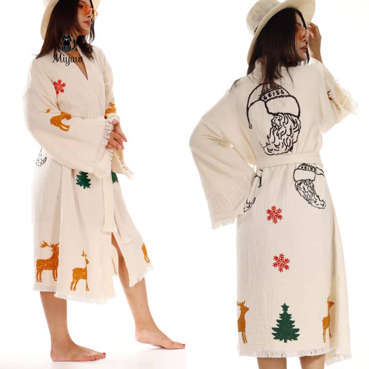Beige Christmas Tree Santa Kimono Robe – Gift for 2025 Holidays for wholesale on Faire4