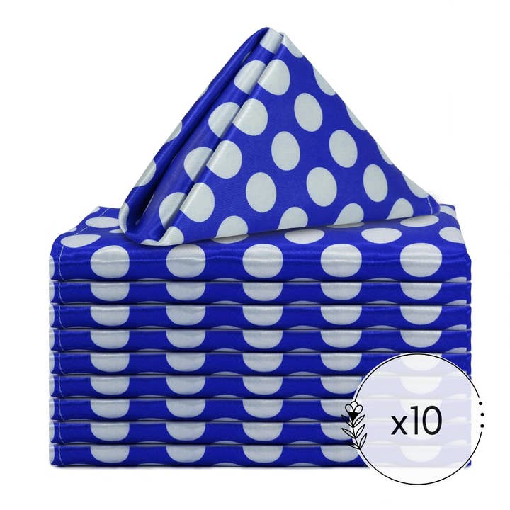 YOUR CHAIR COVERS - Wholesale Dinner & Cloth Napkin - 20 inch Satin Cloth Napkins Royal Blue and White Polka Dots (Pack of 10)