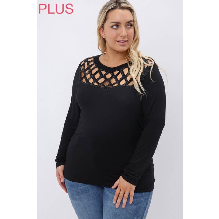 VOCAL - Wholesale Knit Top - Women's - CURVY LASER CUT LONG SLEEVE TOP WITH STONES1