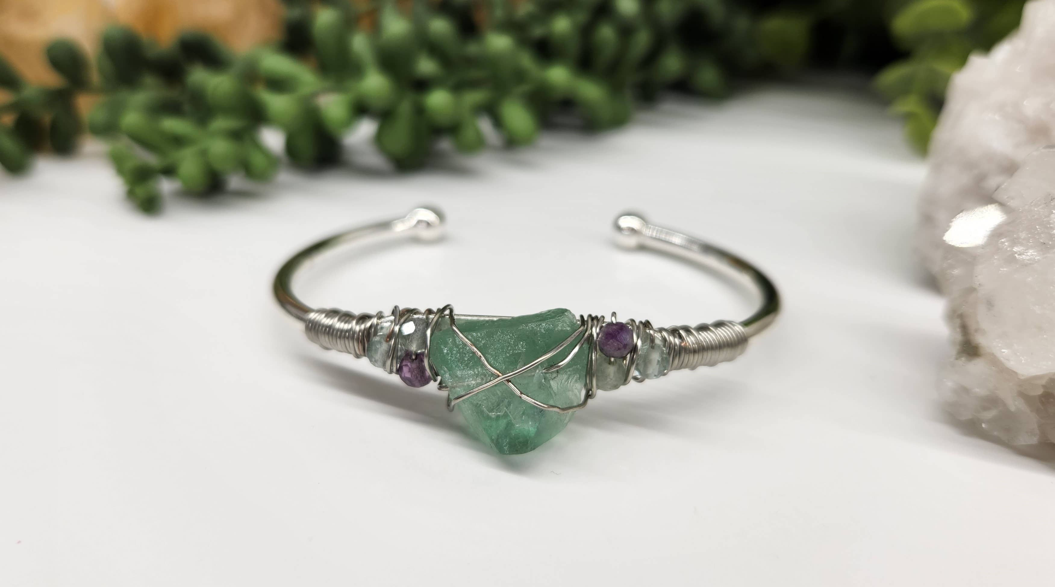 Meraki Gemstones - Wholesale Cuff Bracelet - Rainbow Fluorite/R. Fluor.Rough Gemstone Wire Wrapped Bangle0