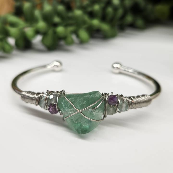 Meraki Gemstones - Wholesale Cuff Bracelet - Rainbow Fluorite/R. Fluor.Rough Gemstone Wire Wrapped Bangle