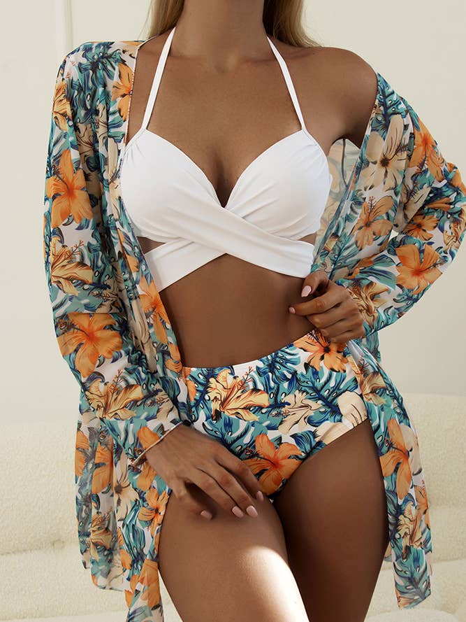 UNISHE – wholesale Two-piece swimsuit – Women’s – Twisted Bikini Set with Tropical Kimono 3pcs Set ZZKF635