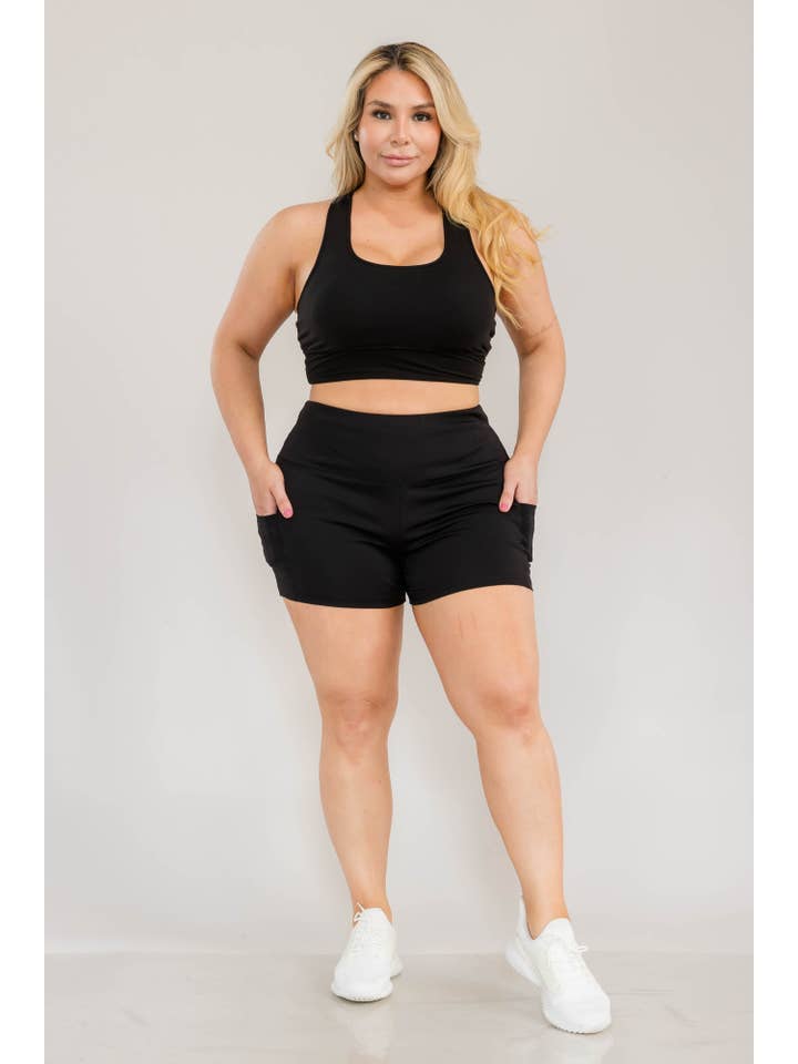 Black Plus Size High Waist Biker Shorts With Side Mesh Pockets for wholesale on Faire