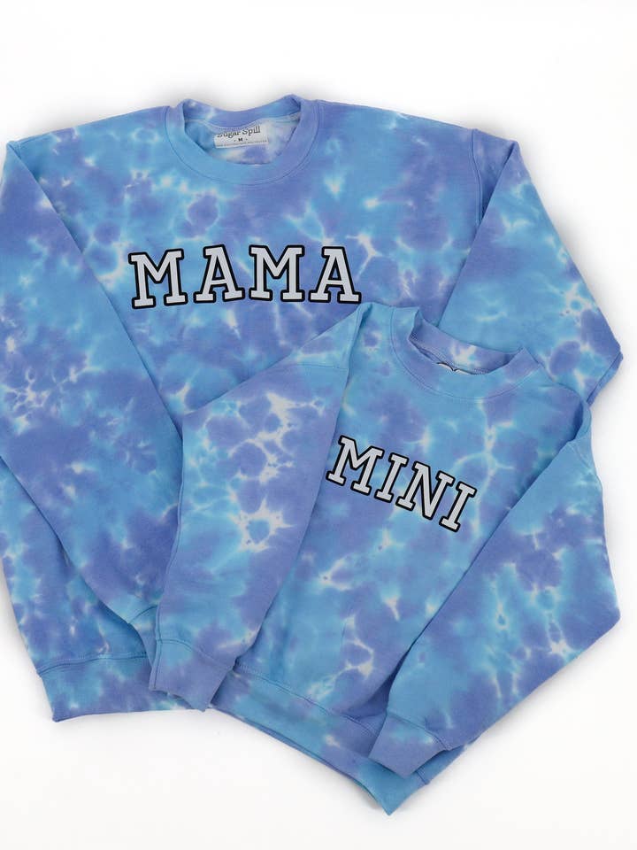 Mama Blue Tie Dye Sweatshirt for wholesale by Sugar Spill