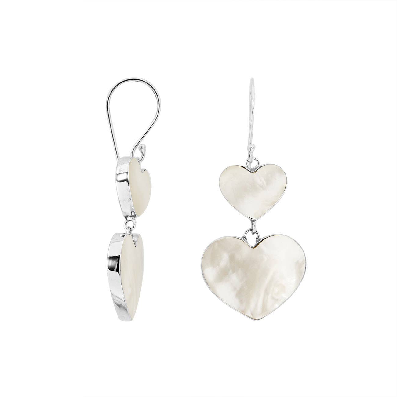 Bali Designs - Wholesale Dangle Earrings - AE-1170-MOP Sterling Silver Mother Of Pearl Double Heart Long Drop Statement Earrings