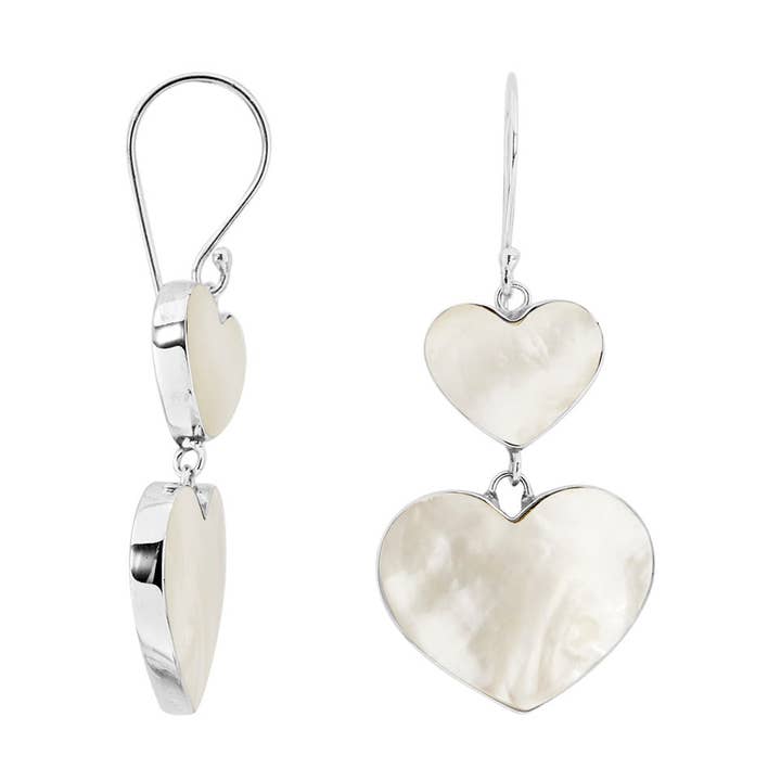 Bali Designs - Wholesale Dangle Earrings - AE-1170-MOP Sterling Silver Mother Of Pearl Double Heart Long Drop Statement Earrings0