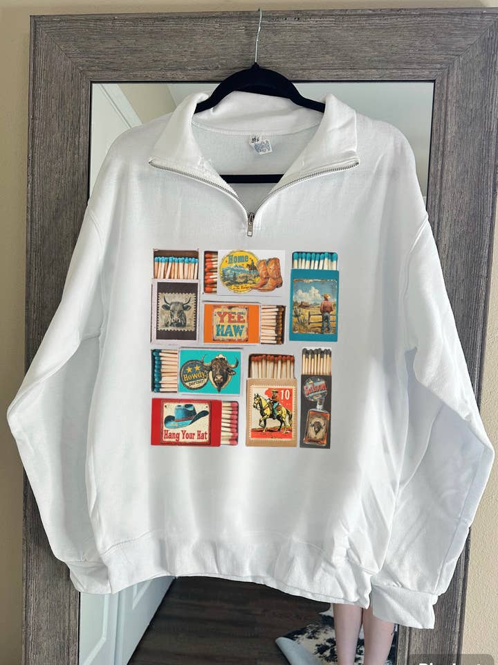 Vintage Western Matchbox Quarter Zip for wholesale by Gunpowder and Glam Boutique
