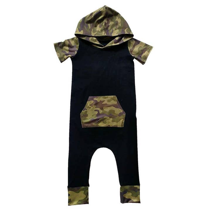 Camo and Black Romper with Kangaroo Pocket and Hood for wholesale by Pearl & Fawn