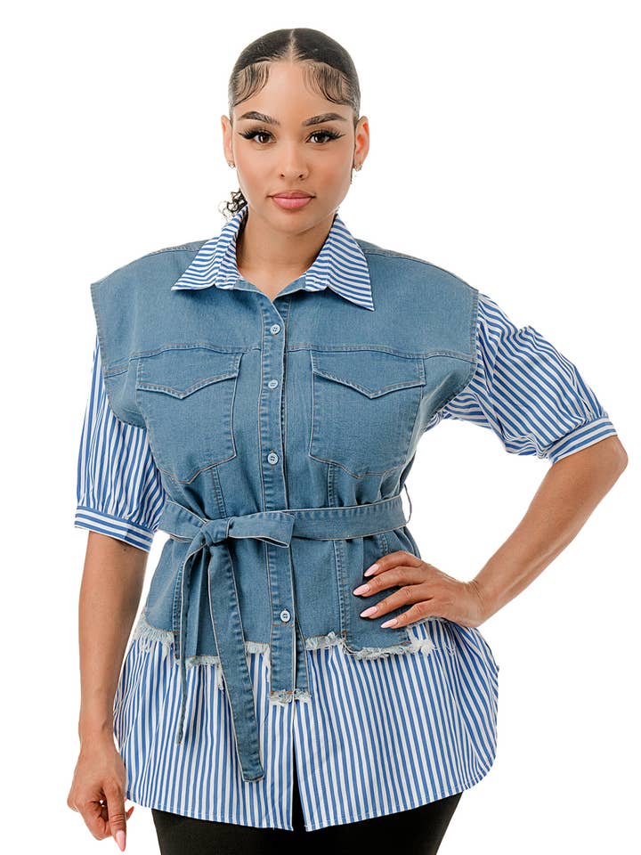 Regular Half Sleeve Striped Patchwork Denim Shirt for wholesale by Namatt Design