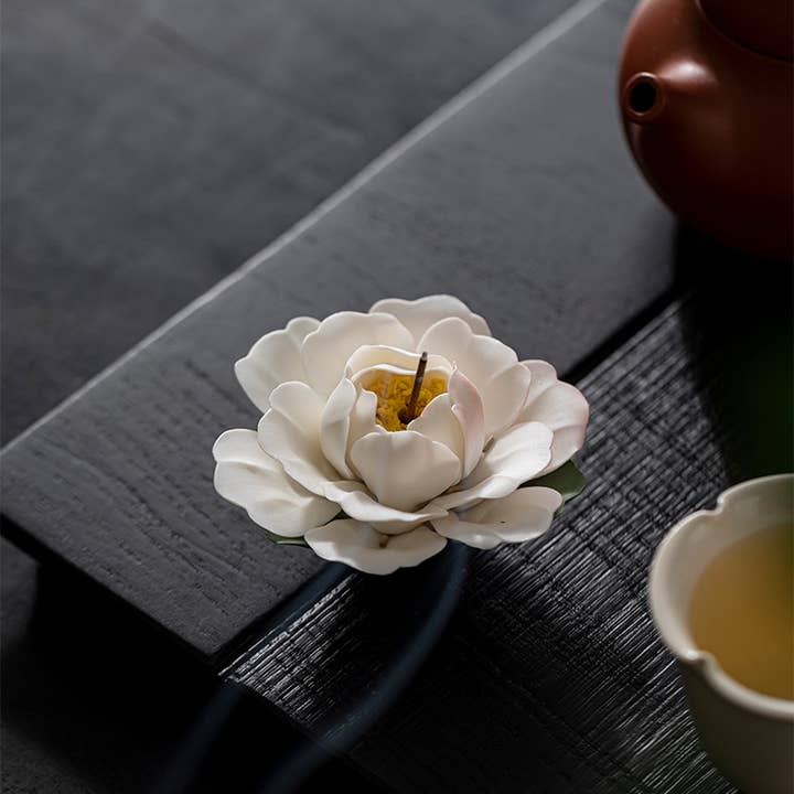 Handmade Ceramic Peony Flower Incense Holder for wholesale by Haku