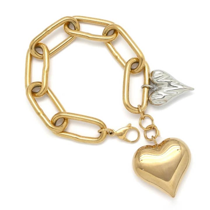 Large Chain Two Tone Two Heart Bracelet - B4-038 for wholesale by LIZOU