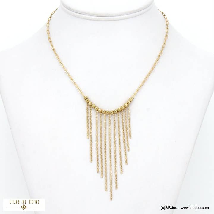 Lilas de Seine - Wholesale Bib Necklace - Stainless steel necklace, chains, fringes and balls 01225341