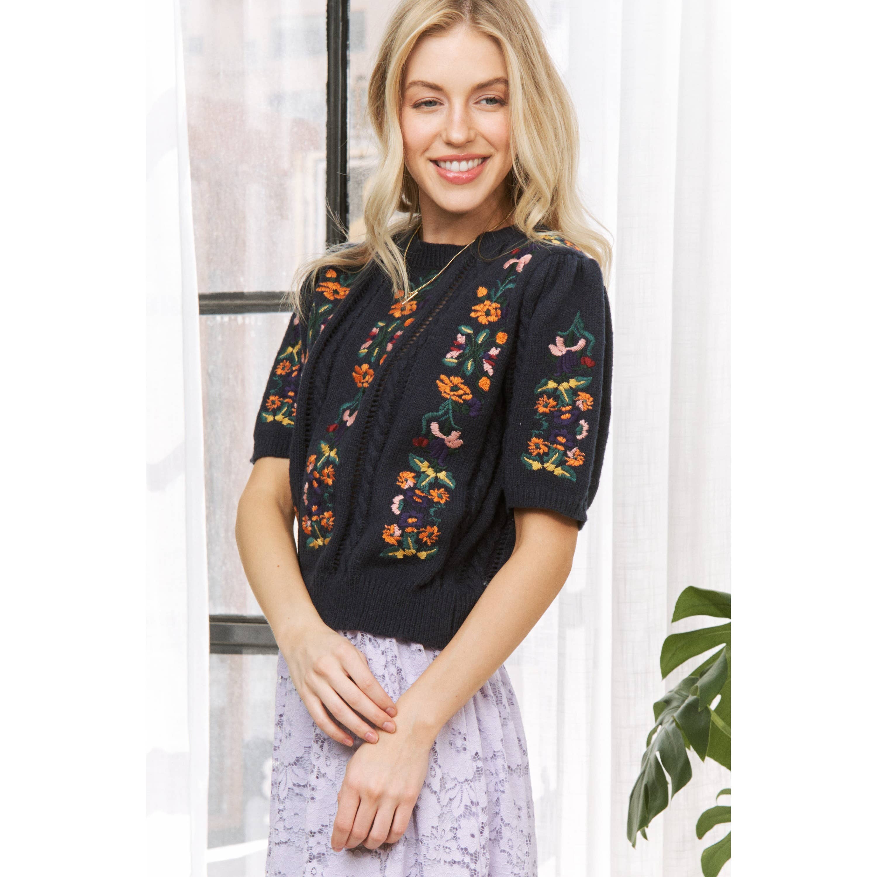 Sweet Generis - Wholesale Knit Sweater - Women's - CUTE FLORAL EMBROIDERY CASUAL PULLOVER SWEATER32