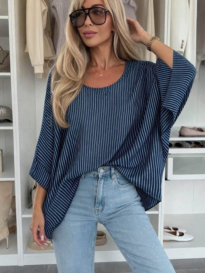 Lynne Oversized Stripe Blouse Top-Navy for wholesale by Catwalk Wholesale