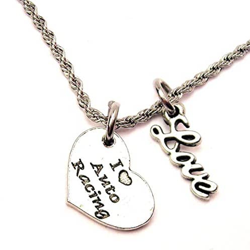 I love auto racing collier avec chaîne d'amour cursive pour la vente par Chubby Chico Charms