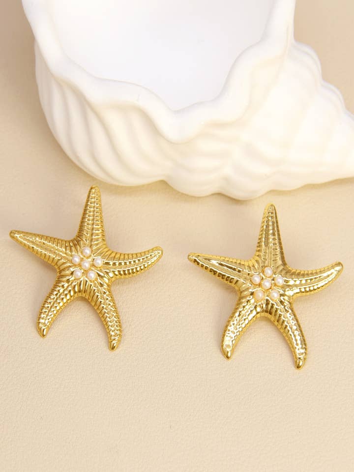 Brincos Estrela do Mar com Pérolas – Aço Inoxidável por atacado de BELLISSIMA BIJOUX