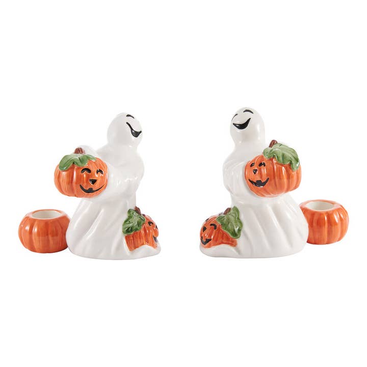 Fitz & Floyd Pumpkin Ghost Candleholders S2 Brown Box Pkg for wholesale by Fitz and Floyd® Mikasa® Pfaltzgraff®