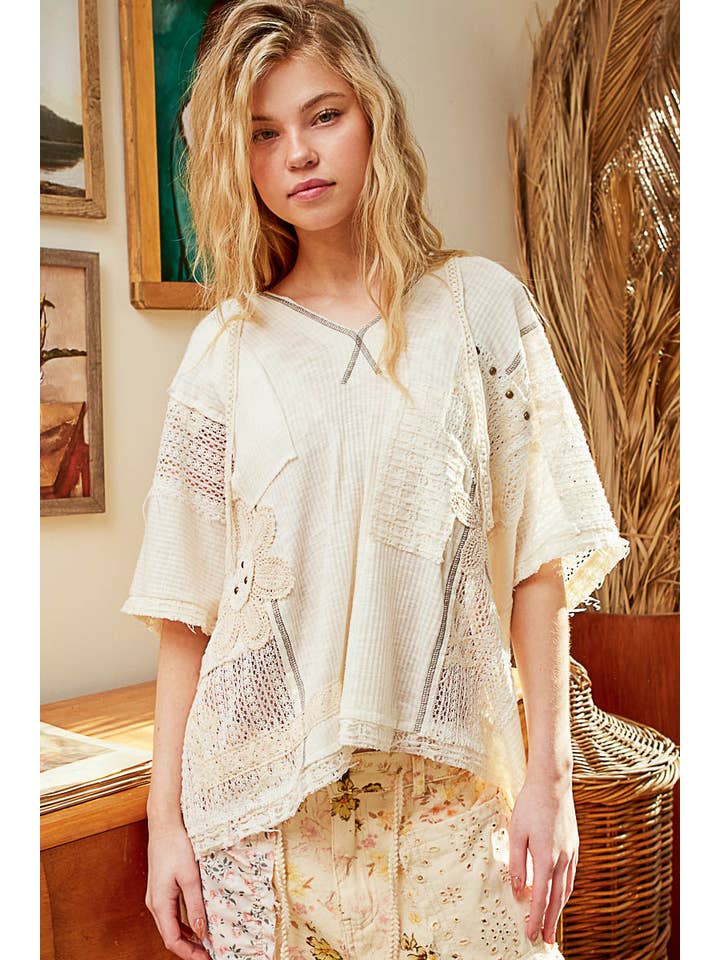 Pol Clothing - Wholesale Knit Top - Women's - V-neck short sleeve crochet contrast solid top SALE
